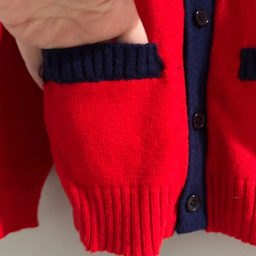Vintage‎ Christopher Rand Red Navy Striped V-Neck Cardigan Sweater Size L